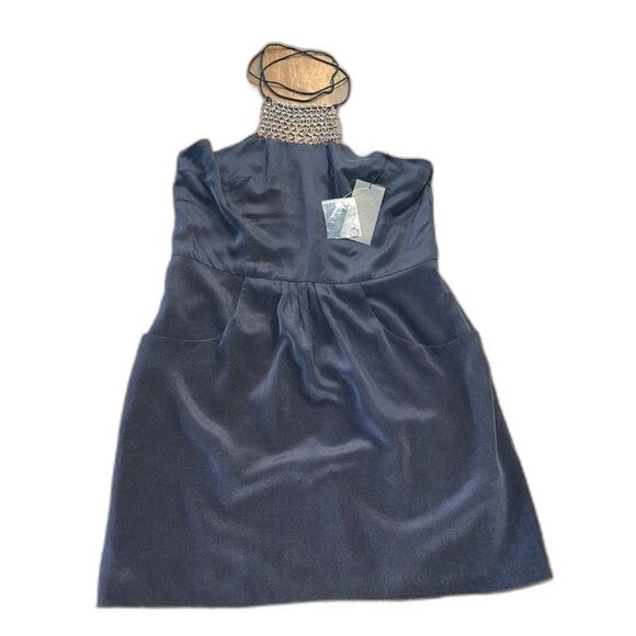 Sheri Bodell Black Silk Halter Mini Dress S Metal Ring Detail Tribeca Glam NWT - Picture 2 of 9